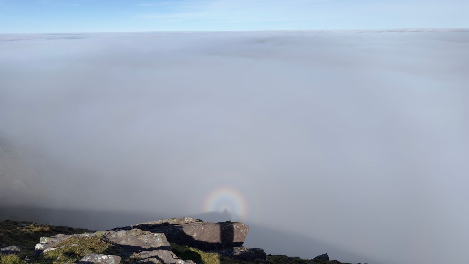 The shadow of a walker surrounded by a bright circular fogbow