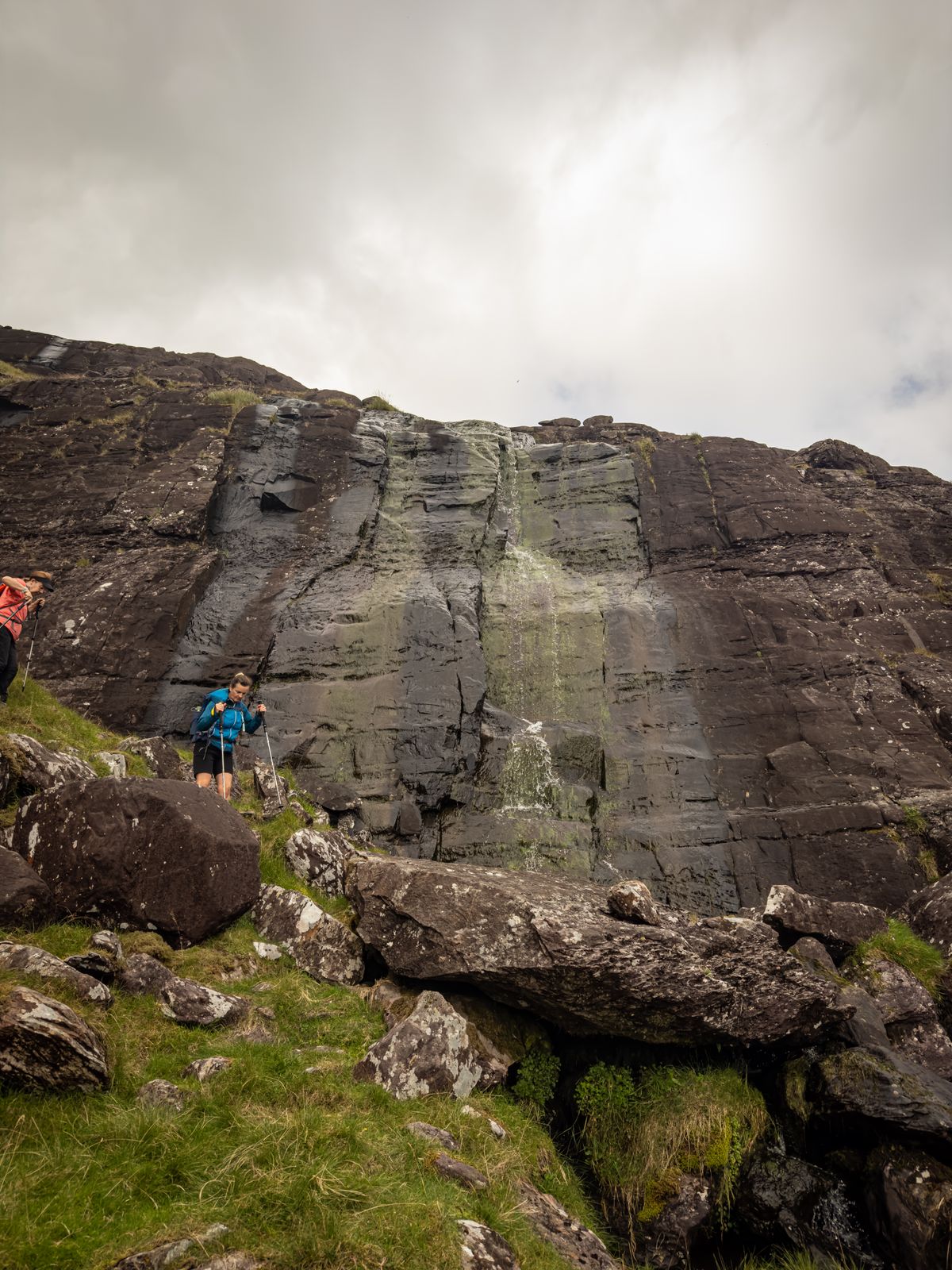 Walkers beneath tall weathered cliffs on the mountain route