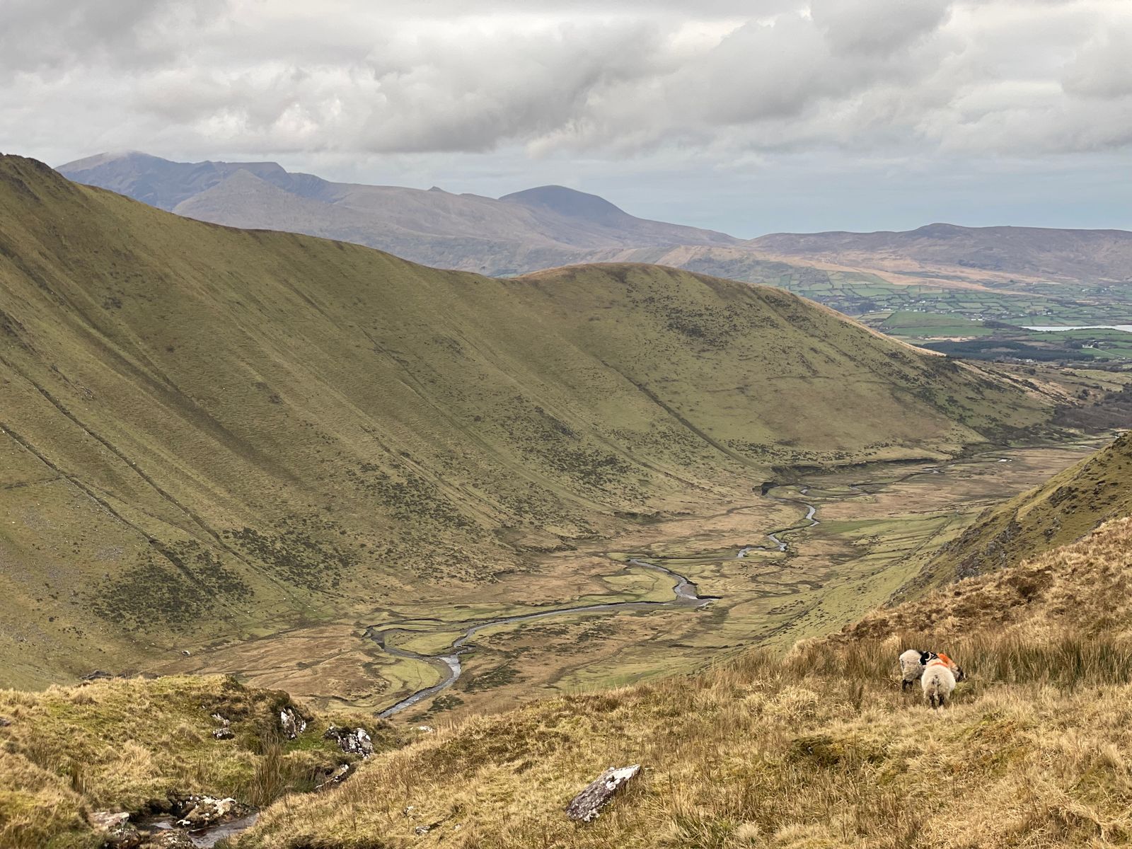 The Glenahoo River winding through the valley towards patchwork fields and the coast
